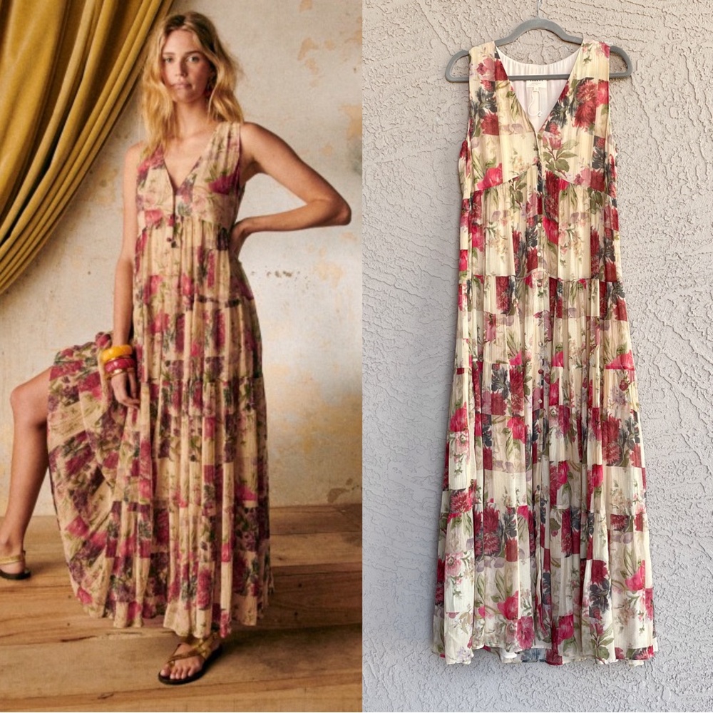 SEZANE Cream Red Rose Floral Patchwork Sleeveless Flowy Silk Alameda Maxi Dress - Picture 3 of 14